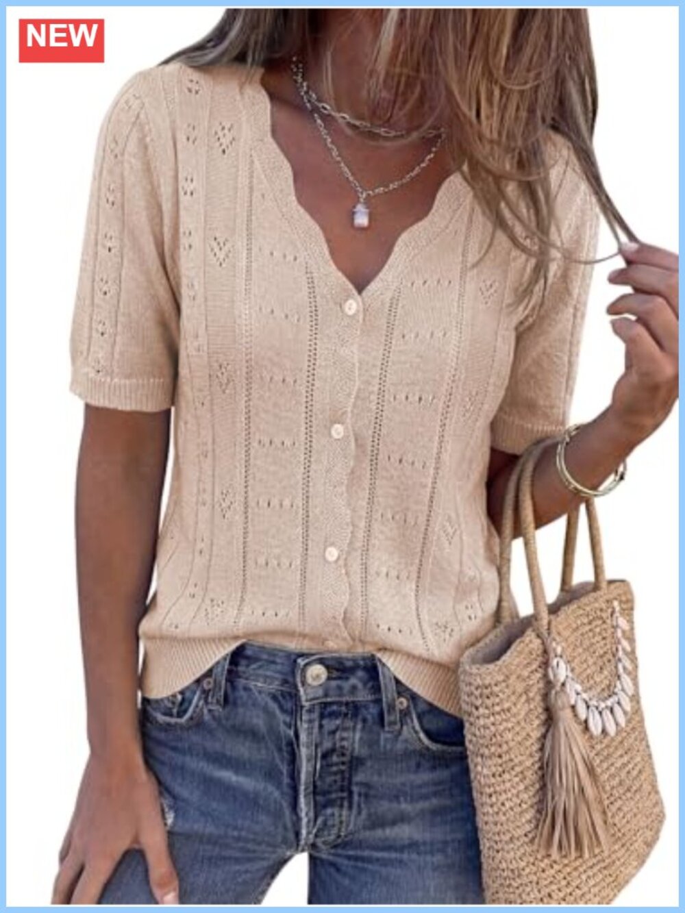 Crochet Knit Short Sleeve Button Down Cardigan Sweater V-Neck